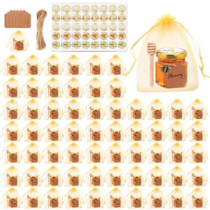 64pack 1.5oz Mini Honey JarsGold Lids, Glass Hexagon Honey Jars with Dippers,Cute Stickers,Bee Pendants,Gift Bags and Jute for Wedding Favors,Baby Showers,Party Favors,Birthdays & Jams