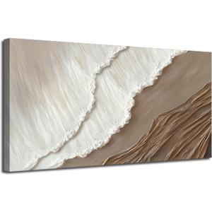 Kabcod 3D Textured Sand Beach Waves Wall Art Large Size White Brown Abstract Coastal Painting Artwork Ocean Wave Beach Landscape Oil Painting for Living Room Bedroom Decor 24X48in Ready To Hang, 48L" x 24W"