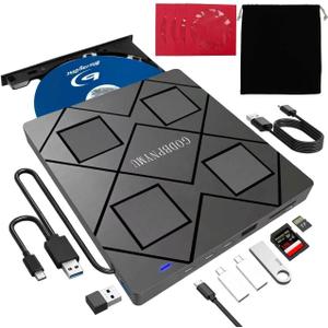 8-in-1 External Blu-ray Drive: 2 USB + USB-C Ports, TF/SD Card Reader, Laptop BD/CD/DVD 3D Player, bluray Burner External,Compatible Windows 11/10/8/7/Mac OS. +1+4 Storage Bag