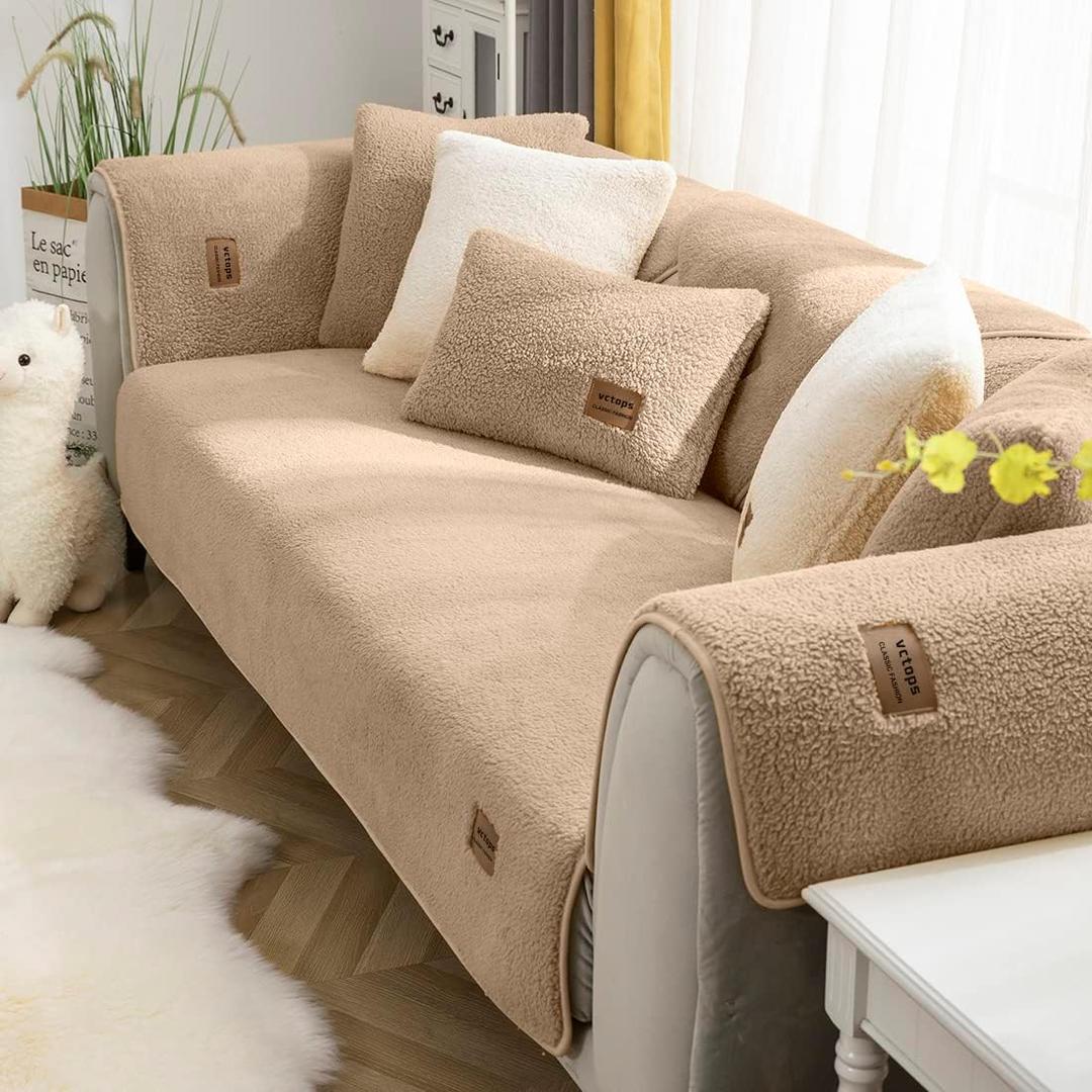 vctops Sherpa Fleece Sofa Couch Covers Super Soft Warm Plush Sectional Couch Cover Luxury Fuzzy Furry Non Slip Sofa Slipcover Furniture Protector (Coffee,28"x59") (1pc/28"x59"/Rectangular)