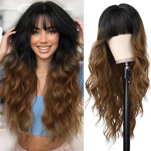 Black to Brown Wig with Bangs Long Ombre Brown Curly Wavy Wigs Natural Looking Heat Resistant Synthetic Bangs Wig for Daily Party Use (Black to Brown,26 Inches)