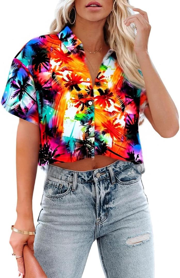 Cropped Hawaiian Shirts for Women Hawaii Tropical Button Down Tops Floral Tropic Print Summer Beach Outfits (XL)