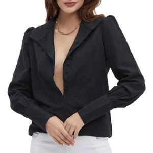 Women Blouse Long Sleeve Button Down, Puffy Collar Tops, Dressy Casual for Work Business Shirts (Size S)