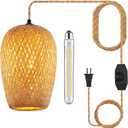 Plug in Pendant Light Handwoven Bamboo Pendant Lamp Boho Modern Wicker Hanging Lights Rustic Country Natural Basket Hanging Lamp for Kitchen Study Bedroom Cafe 1Pack (Shape of vase(Dimmable))