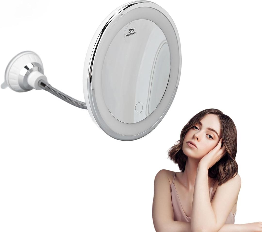 Zetiling 10x Magnification LED Makeup Mirror, Wall Mount, Round, 17.3"L x 6.9"W, Black Frame, Modern Style, Adjustable Brightness, Three Light Colors, Suction Cup Design