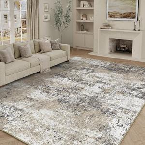 Washable Brown Area Rug 8x10 Modern Abstract Living Room Large Carpet Bedroom Neutral Soft Throw Rug Low Pile Non Slip Indoor Contemporary Floor Cover for Dining Room Office