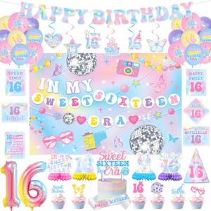 KOTLMIGHT 16th Birthday Decorations for Girls, In My Sweet Sixteen Era Birthday Party Decor Supplies for Girls 16 Year Old - Backdrop, Banner, Tablecloth, Centerpieces, Hanging Swirl, Hat, Wall Signs