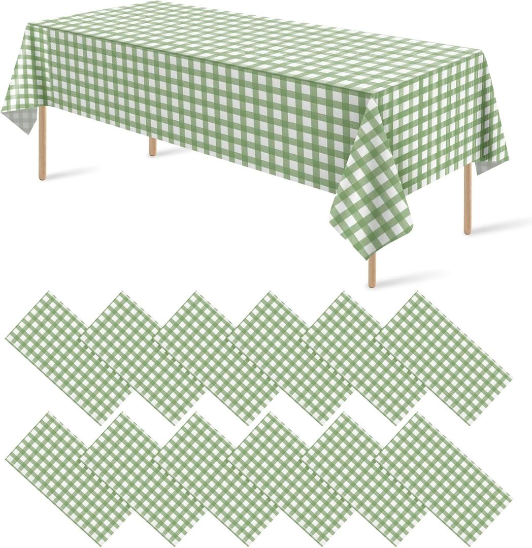 12Pack Sage Green Plastic Checkered Tablecloth, Premium Decorative Disposable Sage Green Gingham Plaid Table Cloths for Parties, Rectangle Party Table Cover for Picnic Birthday Wedding, 54x108 Inch