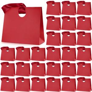 Feifeiya 30 Pcs Small Paper Gift Bags with Ribbon Handles 7.87 x 3.54 x 7.09 Valentine's Day Reusable Goodie Candy for Birthday Bridal Baby Shower Party Favors Wrap(Red)