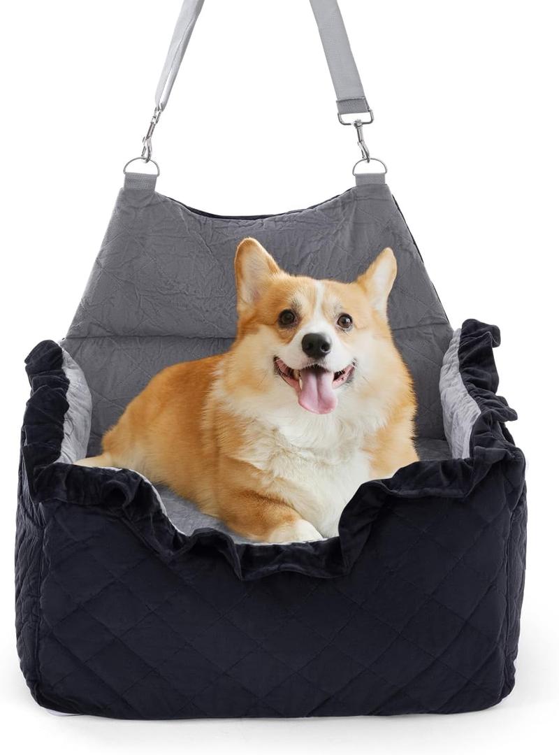 Jaoul Dog Booster Car Seat for Small/Medium Dogs - Memory Foam Elevated Cushion - Fully Detachable and Washable Pet Portable Car Seat with 2 Clip-On Safety Leashes(Black,6" H,Lace Trim) (Ruffled Edge)