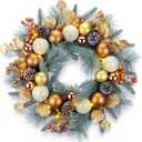 YULETIME 20-inch Christmas Wreath, Battery Operated Holiday Wreath with 20 Fairy Lights, Golden Baubles & Berries, Pine Cones, Golden Leaves, Frosted Spruce Branches and Pine Needles (Gold)