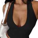 YFANG Women's Sexy Halter Deep V Neck Crop Tank Top Backless Sleeveless Slim Fitted Going Out Summer Top (Large, Black)