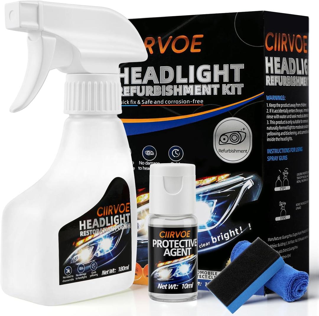 Automotive Headlight Restoration Kit - Refurbishing Fluid & Polishing Cleaner for Oxidized, Yellowed Headlamps, Enhanced Hydrophobic Coating for Superior Gloss & Protection on All Vehicles