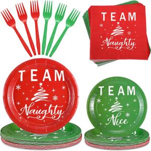 Patelai 120 Pcs Christmas Party Supplies Paper Plates and Napkins Disposable Dinnerware Set 48 Team Naughty and Team Nice Plates 48 Napkins 24 Plastic Forks for Christmas Xmas Birthday Party
