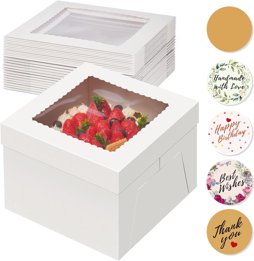 Kootek 15pcs Cake Boxes, 10x10x8 Inches Tall Cake Box with Window, White Bakery Boxes, Large Baking Boxes, Square Cardboard Cake Box for Multi-Layer Cakes, Cake Decorating Supplies for Gift Giving