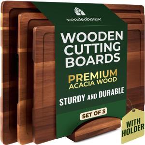 Acacia Wood Cutting Board Set of 3 with Holder, Juice Grooves & Built-in Handles - Durable, Wooden Cutting Boards for Kitchen, Perfect for Chopping, Food Prep and Serving as a Charcuterie, 17"x12", 15"x11", and 13"x10" Sizes and 0.8" thickness for all the boards