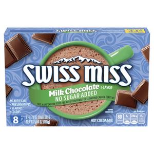 Swiss Miss Milk Chocolate Flavored No Sugar Added Hot Cocoa Mix, Hot Cocoa Bar Supplies, Powder, 0.73 oz., 8-Count Envelopes (12 Boxes) (BB: May 24, 2026)