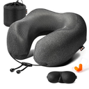 MLVOC Travel Pillow 100% Pure Memory Foam Neck Pillow, Comfortable & Breathable Cover, Machine Washable, Airplane Travel Kit with 3D Contoured Eye Masks, Earplugs, and Luxury Bag, Standard (Black)