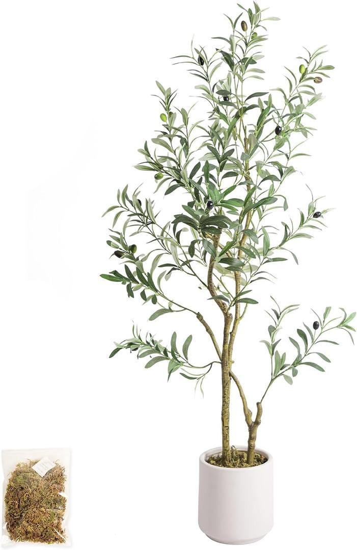 Artificial Fake Olive Tree 4FT Tall 1Pack with White Planter Faux Silk Olive Tree for Home Living Room Office Decor Faux Artificial Plants Indoor with Fruit & Free Moss