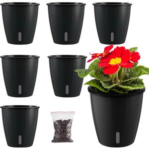 Planterhoma 5 Inch Self Watering Pots for Indoor Plants, 6 Packs African Violet Pots with Indicator, Black Wick Pot with Drainage Holes, Self Watering Planters for Orchid, Devil's Ivy, Black