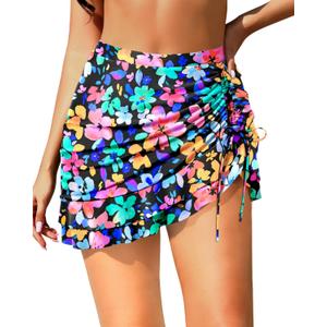 Pinup Fashion High Waisted Swim Skirt - Women Drawstring Ruched Bathing Suit Bottoms with Built-in Brief (Large, Colorful Floral)