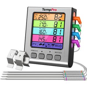 TempPro TP17H Digital Meat Thermometer with 4 Temperature Probes, HI/Low Alarm Smoker Food Thermometer with Colored Backlit LCD, BBQ Thermometer for Cooking Grill Kitchen Oven (Previously ThermoPro)