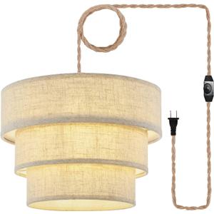 XININSUN 3-Tier Drum Linen Plug in Pendant Light with15ft Hemp Rope Cord E26 Dimmer Switch Hanging Lights Fixture Plug in Chandelier for Kitchen Island Dining Room Entryway Hallway-1Pack (Brown)