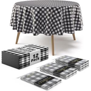 Exquisite Picnic Table Cover - 12 Pack Round Premium Black & White Checkered BBQ Table Cover - Gingham Checkerboard Disposable Plastic Tablecloth 84 inch