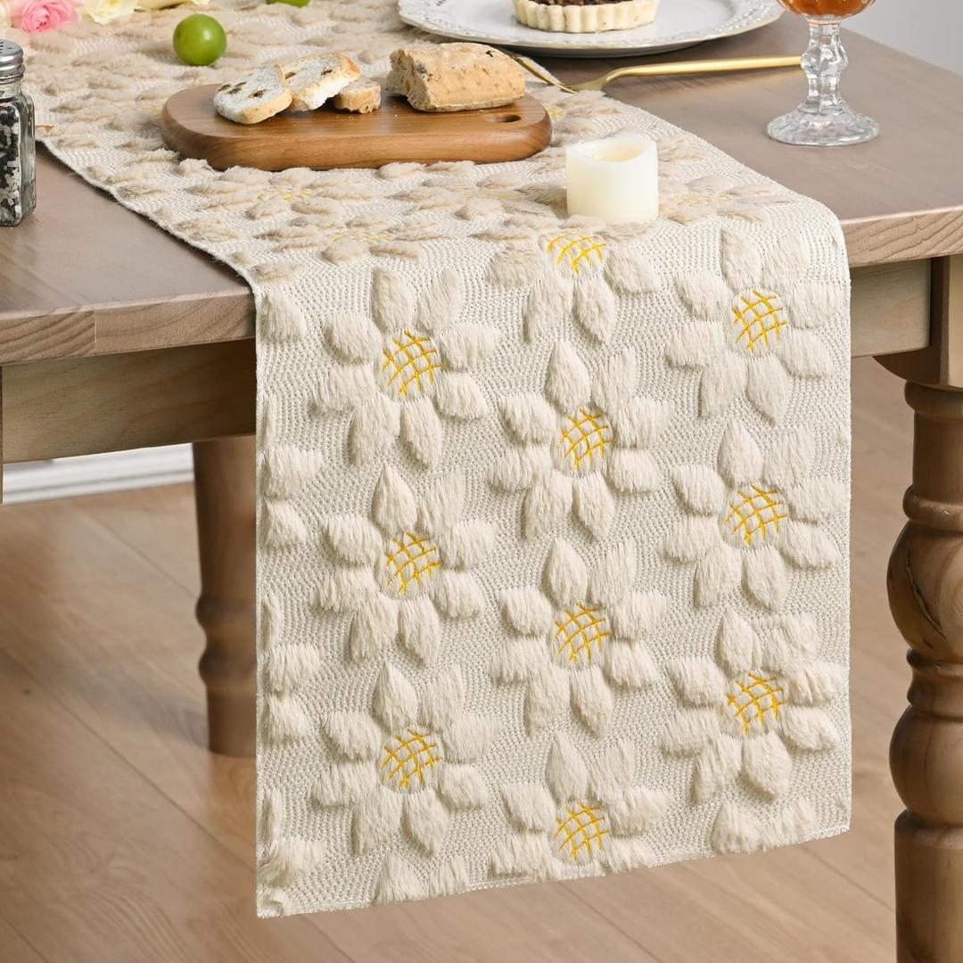Artoid Mode Beige Soft Plush Faux Fur Jacquard Embroidery Sunflower Spring Table Runner, Kitchen Dining Table Decoration for Home Party Decor 13x72 Inch