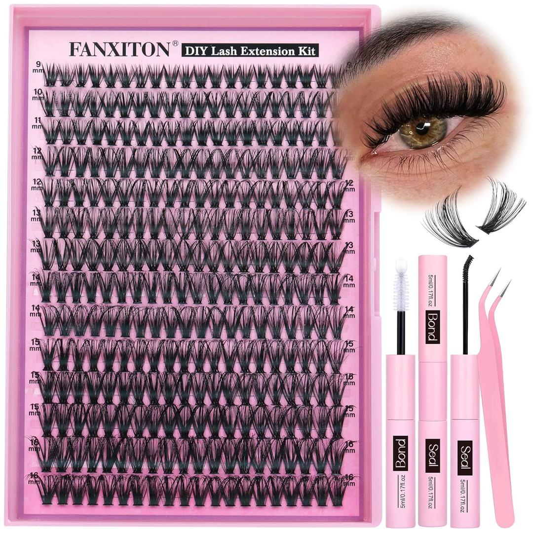 FANXITON DIY Lash Extension Kit 40D D Individual Lashes Lash Clusters Kit Cluster Lashes Lash Bond and Seal and Lash Tweezers for Lash Clusters Kit DIY at Home