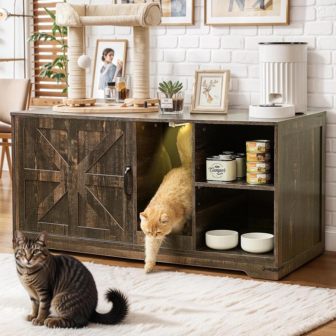Litter Box Enclosure, Hidden Litter Box Furniture Cabinet with Storage, Cardboard and Sensor Light, Wood Indoor Cat House Washroom, Farmhouse Style, Rustic Brown