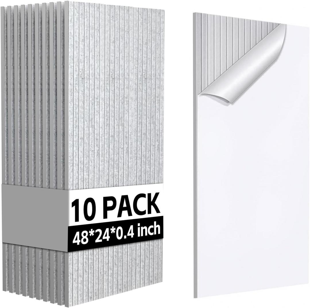 Pack of 10 Large Acoustic Panels, 48x24x0.4 inch Sound Proof Panels for Walls, Self-Adhesive Sound Dampening Wall Panels, Noise Absorbing Decorative Wall Panels, Wall Noise Blocker for Home Studio (Grey)