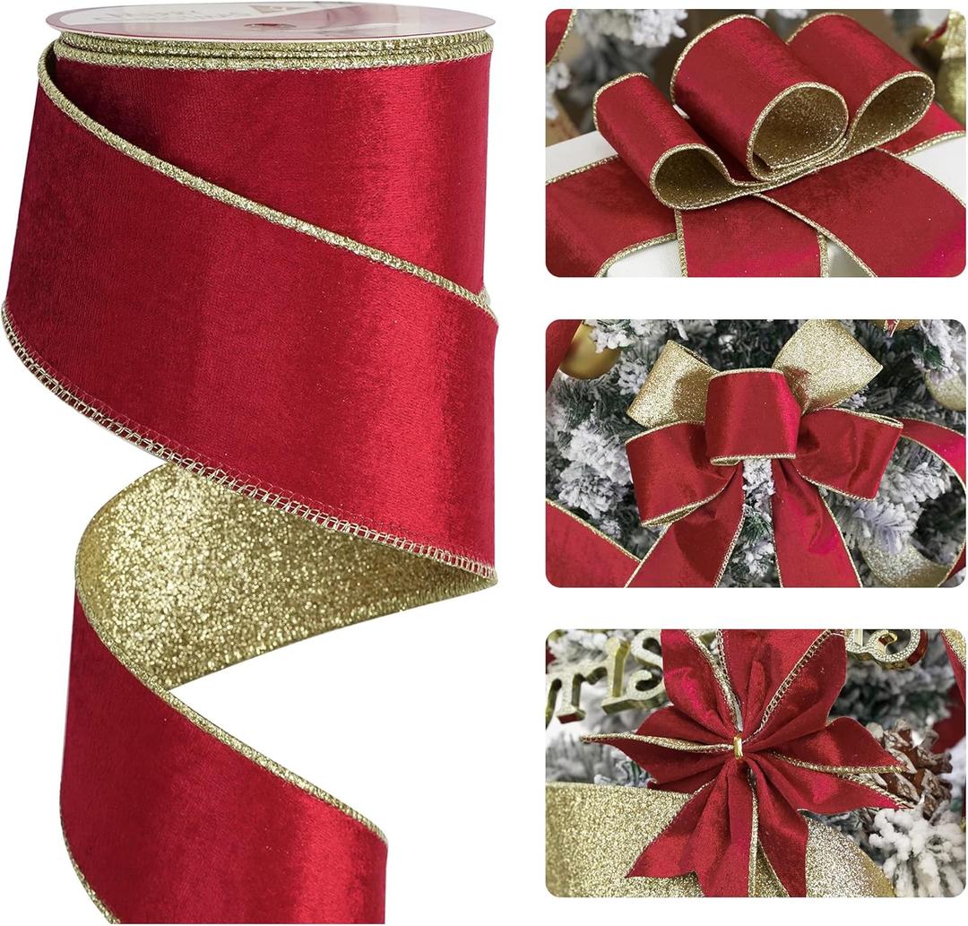 HUIHUANG Red Velvet Wired Ribbon Christmas Velvet Wired Edge Ribbon 2.5 inch Red and Gold Double Sided Ribbons for Christmas Tree Wreaths Gift Wrapping Bows Garlands Home Decor Crafts-10 Yards
