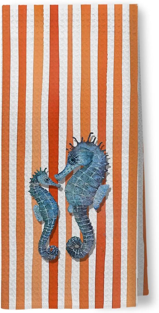 Orange Striped Sea Horse Kitchen Towels, Coastal Beach Nautical Hand Towels for Bathroom, Ocean Animal Dish Tea Towels for Kitchen Decor, Beach Coastal Bathroom Decor, 16x24 Inch