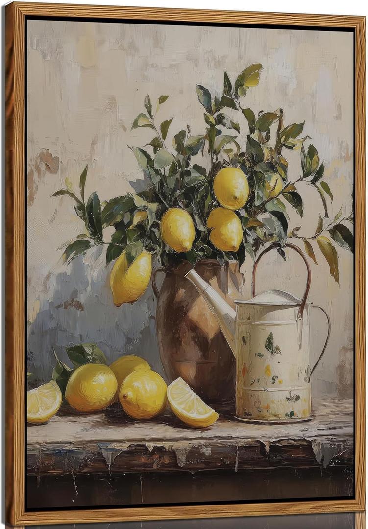Vintage Lemon Canvas Wall Art Farmhouse Kitchen Painting Pictures Yellow Lemon Still Life Wall Decor Antique Fruit Posters Prints for Kitchen Dining Desktop Wooden Framed (24L"x16W"Framed, brown)