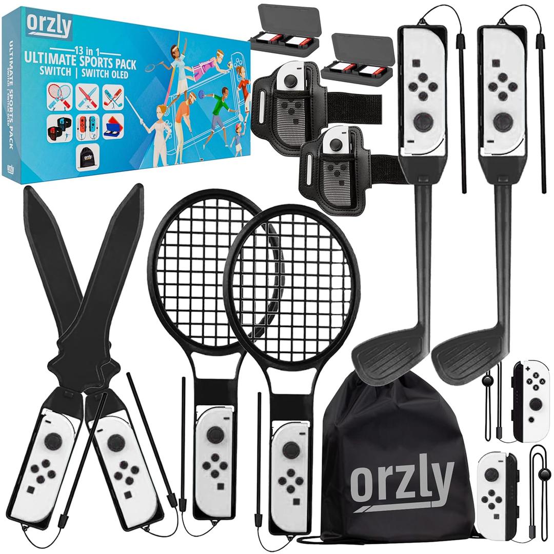 Switch Sports Games 2024 Accessories Bundle Pack for Nintendo Switch & OLED with Tennis Rackets, Golf Clubs, Chambara Swords, Soccer Leg Straps & Joycon Grips - With Carry Bag - SOLID BLACK