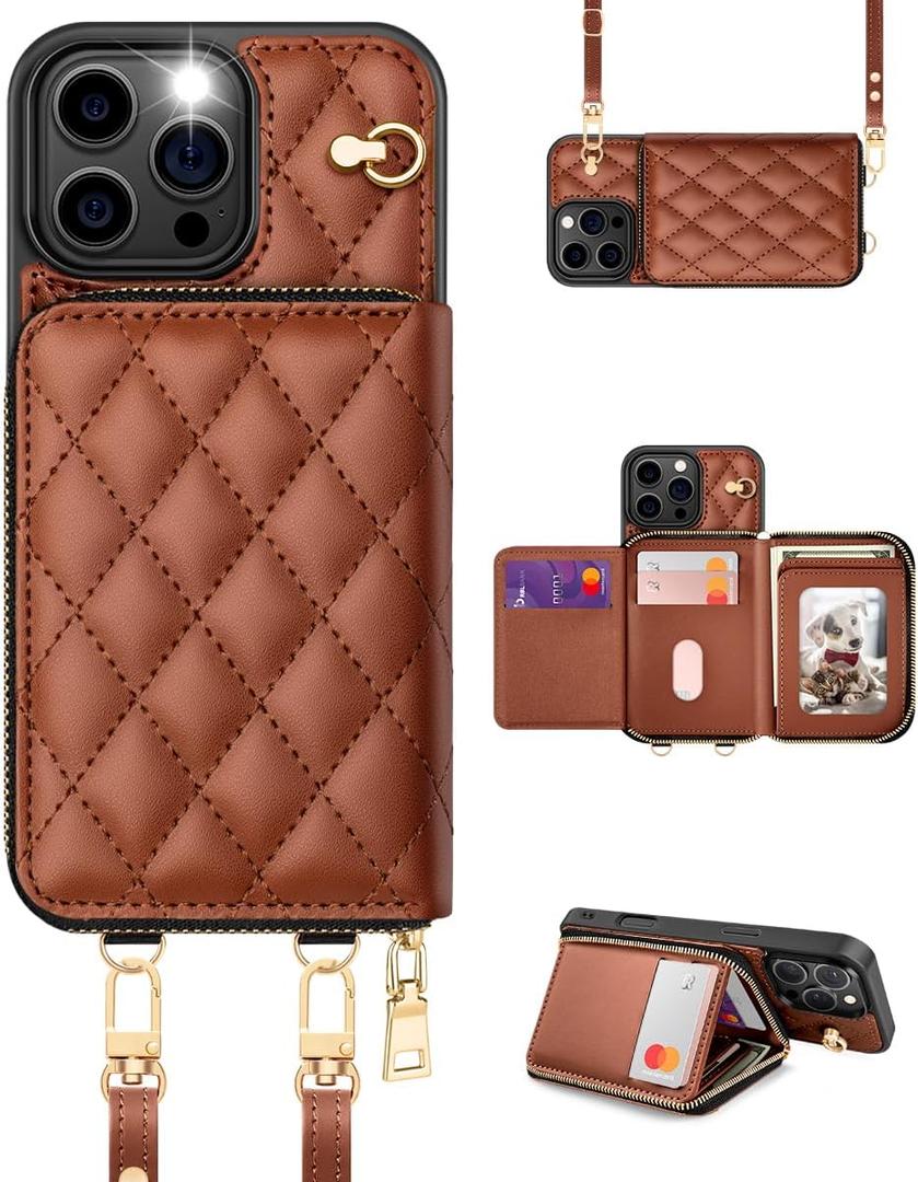 OCASE Compatible with iPhone 16 Pro Max Crossbody Wallet Case with Card Holder, PU Leather Zipper Handbag Phone Purse with RFID Blocking Kickstand Wrist Strap Lanyard 6.9 Inch, Diamond Check Brown