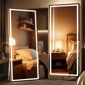 Full Length Mirror with Lights, 79" x 32" Large LED Lighted Floor Standing Body Mirror, Dimmable & 3 Color Lighting for Bedroom, Cloakroom, Dressing Room, Tempered Glass, Square White