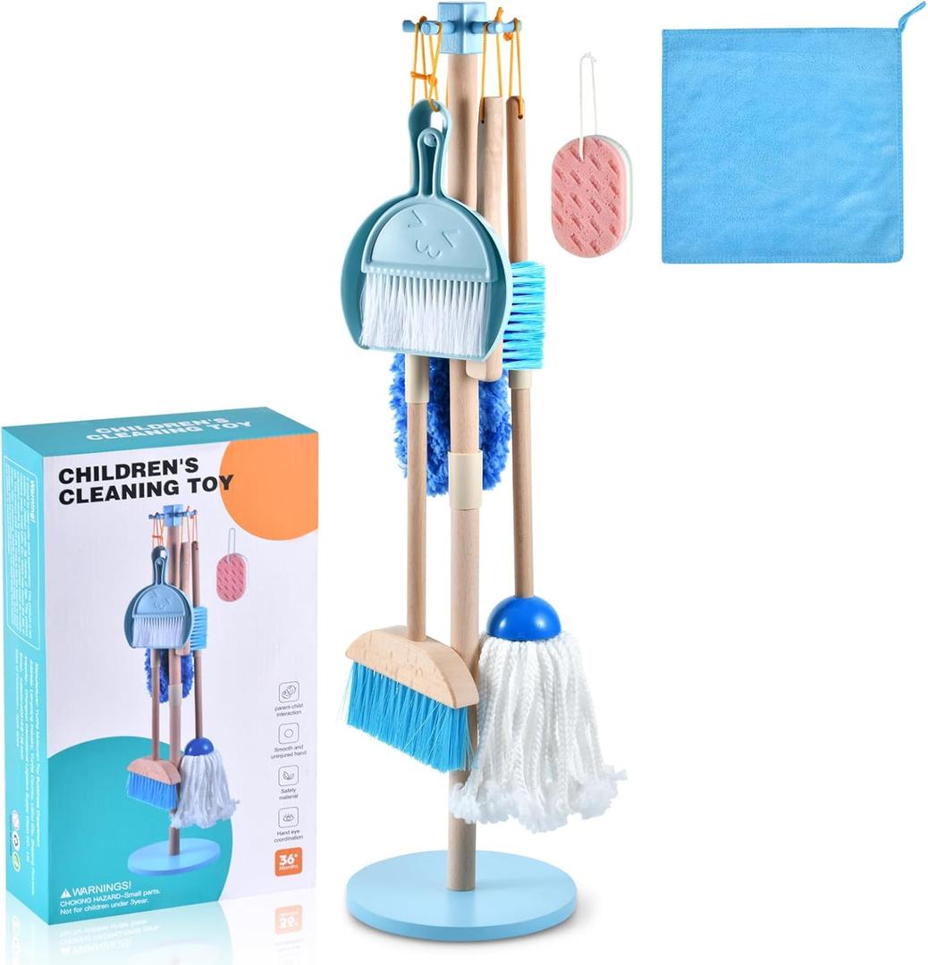 WHOHOLL Wooden Toddler Cleaning Set, Blue Toys Montessori Toys for 3+ Years Old Boy, Housekeeping Play Set Includes Broom Mop Duster Dustpan Sponge and Organizing Stand, STEM Skill Developmental Gift (B-blue)