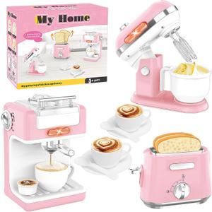 Kitchen Appliances Toys, Play Kitchen Accessories, Toy Kitchen Appliances for Kids, Pretend Kitchen Toys with Coffee Maker, Mixer and Toaster, Toy Kitchen Set Birthday Gift for Kids Ages 3+ (Pink)