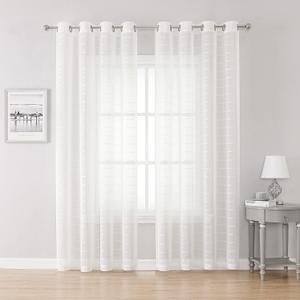 Sheer Curtains White Plaid Semi Voile Light Filtering Drapes Pair for Bedroom Living Room, Set of 2 Grommet Top Window Curtain Panels (Each 54 x 95 Inch, Off White)