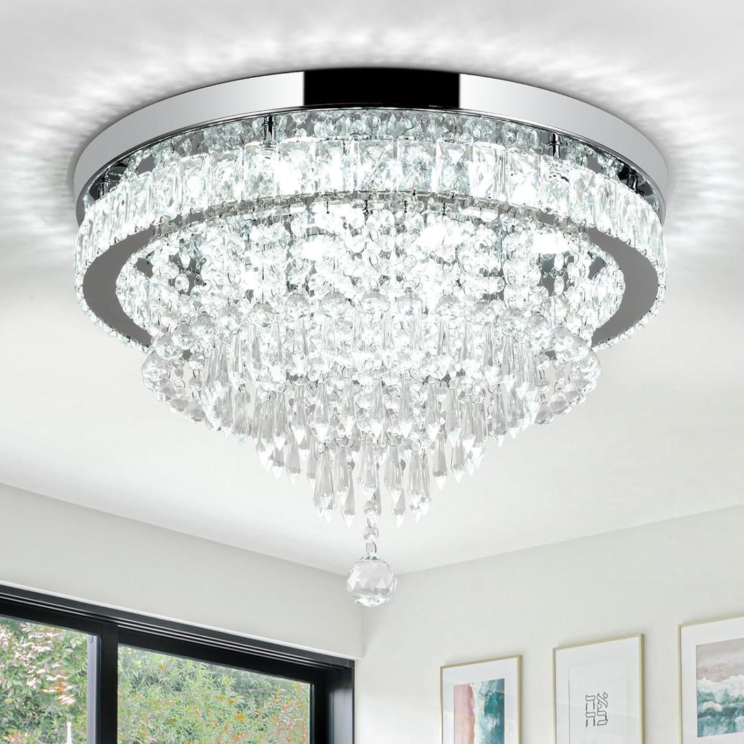 Crystal Chandelier 19.7 Inch LED Crystal Ceiling Light 5 Tier Modern Flush Mount Chandeliers for Living Room Dining Room Bedroom(Round,Chrome,6500K)
