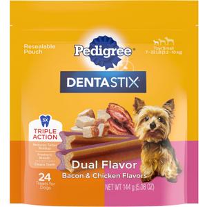 Pedigree Dentastix Dual Flavor Small Dog Dental Treats, Bacon & Chicken, 5.08 oz. Bag (24 Treats)