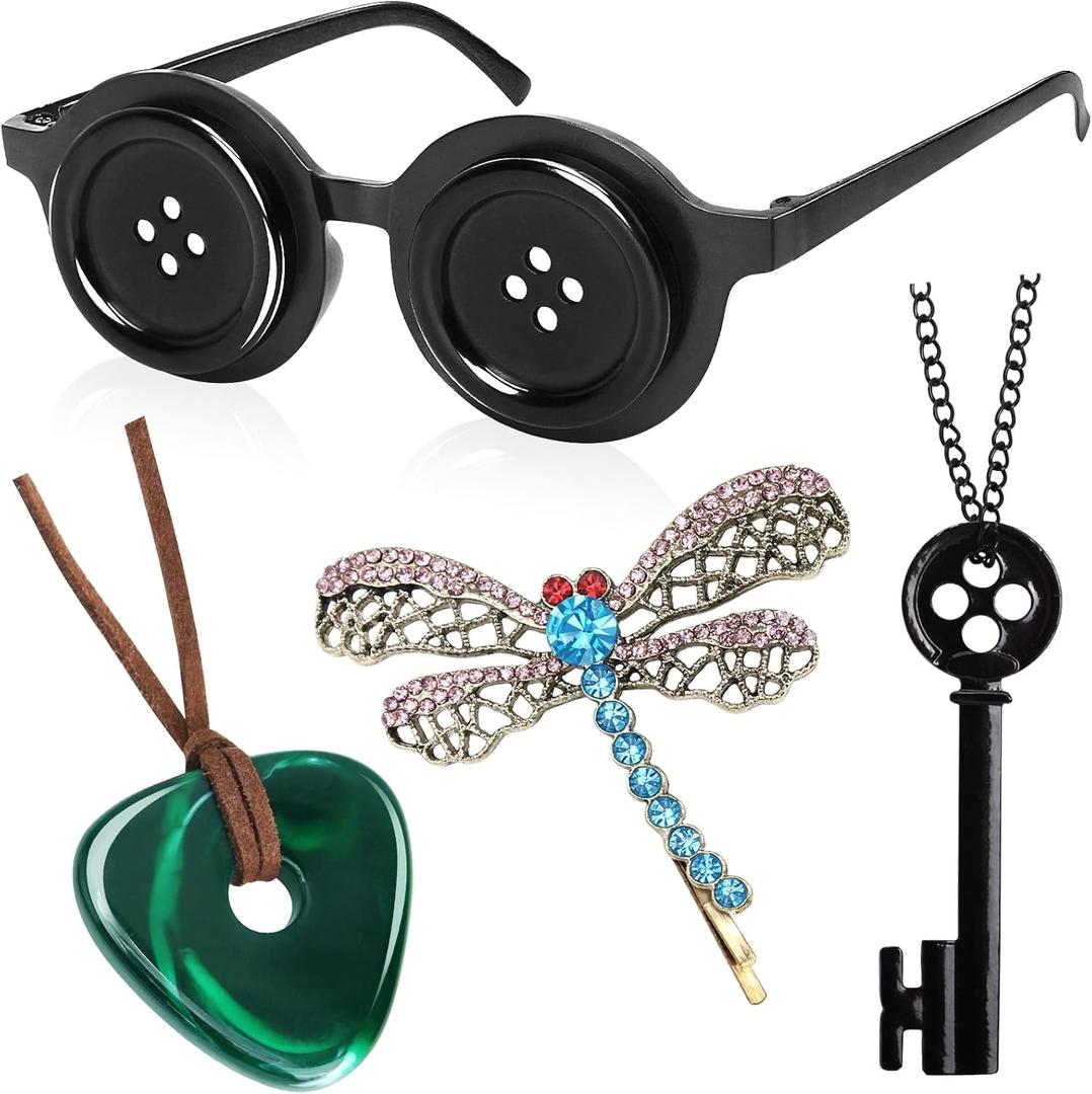 4PCS Halloween Costume Accessories,Button Eye Glasses/Necklaces/Dragonfly Hair Clip Women Men Halloween Cosplay Black