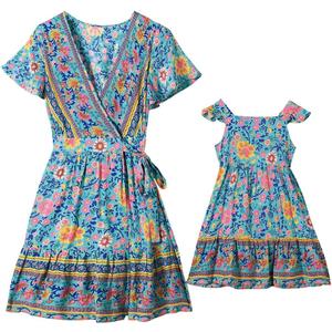 PopReal Mommy and Me Dresses Boho Casual Maxi Dress Summer Short Dress V Neck Wrap Floral Print Short Sleeve, Size: 3T