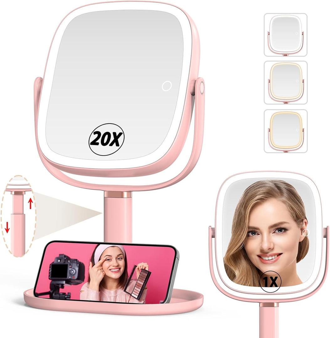 Mocado Makeup Mirror with Lights, 1X/20X Magnifying Mirror with Light, Vanity Mirror with 3 Colors Lights, Height Adjustable Lighted Makeup Mirror, Double Sided 360Rotation, Memory Function (Pink)