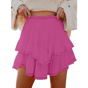 MIFOCAL Flowy Shorts for Women Casual Boho Ruffle Tiered Skorts High Waist Mini Skirts Golf Tennis Crochet Shorts, Small, Pink