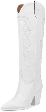 ISNOM Women's Cowgirl Boots Pull On Knee High Boots, Cowboy Western Embroidered Chunky Block Heel Pointed Toes Boots Size 6