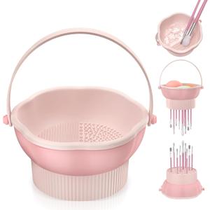 Senbowe 3 in 1 Makeup Brush Cleaner Mat, Silicone Makeup Brush Cleaner Bowl Cosmetic Brushes Cleaning Pad Tool Organizer for Storage and Air Drying, Make Up Brush Washing Tool for Sponge (Pink)