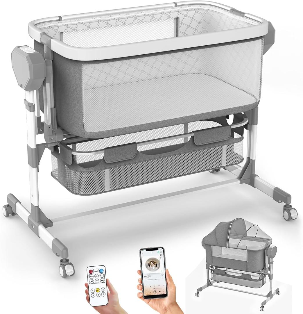 Rocking Bassinet for Baby, Electric Bassinet Automatic 5 Rocking Motion Bassinet Bedside Sleeper for Newborn, Auto Rolling Baby Cradle 6 Height Adjustable with 4 Lullabies, Wheels, Storage, Crib
